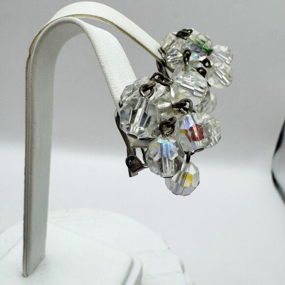 Vintage MCM Aurora Borealis AB Faceted Crytal Cluster Cha Cha Clip On Earrings - Picture 7 of 14